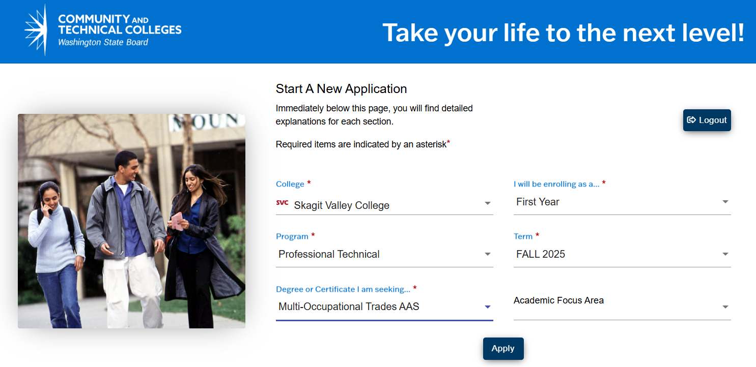 Screenshot of applying to OOAP with fields including college (Skagit Valley College), kind of student (first year), Program (professional technical), Term (next available term), Degree (Multi-Occupational Trades AAS)