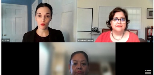 Screenshot of expert panel held on Zoom, featuring Sunaina Virendra (director of Bachelor's Degree program).