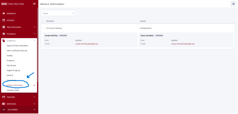 Screenshot showing how to find an advisor in ctcLink. See above for information on how to find an advisor.