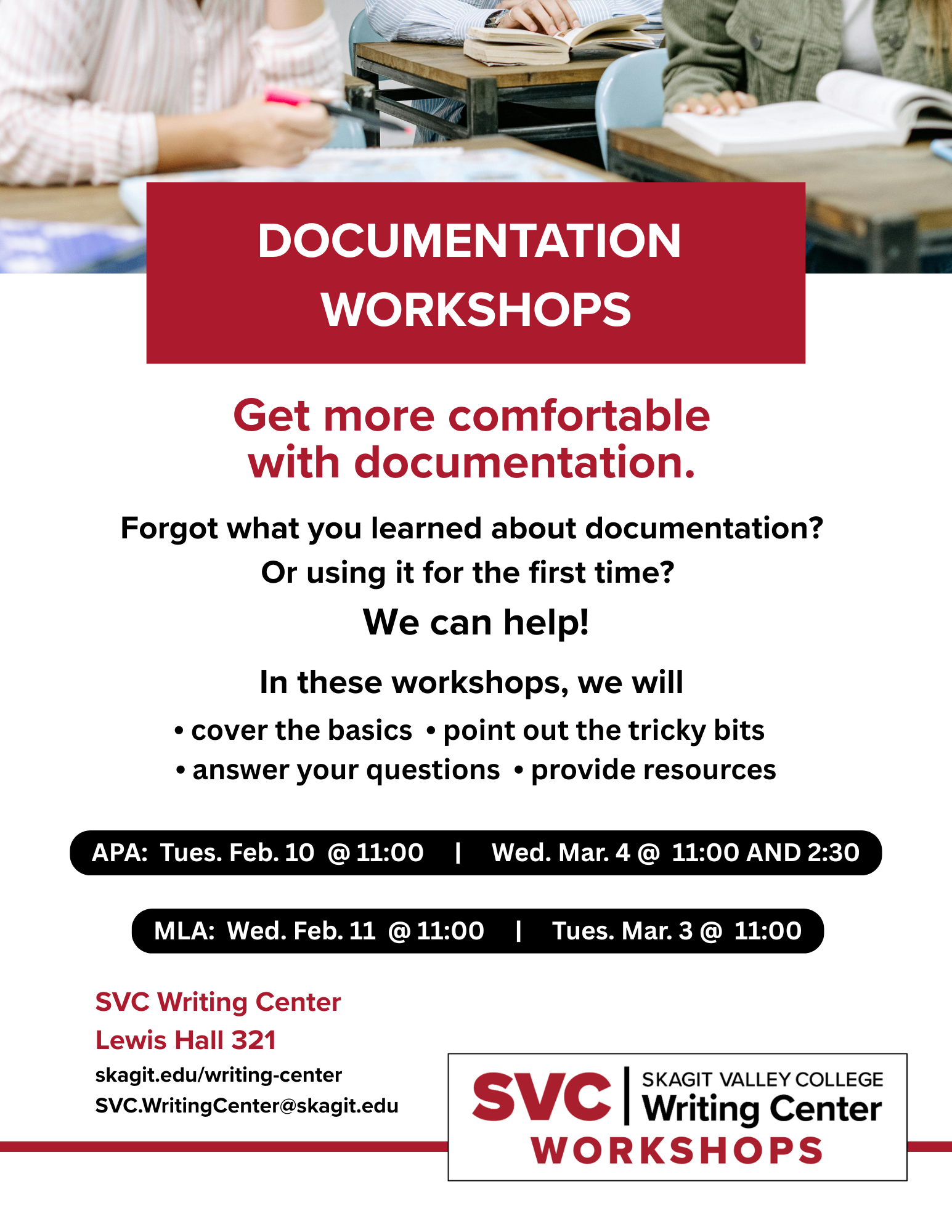 Flyer announcing Winter 2026 Documentation workshops