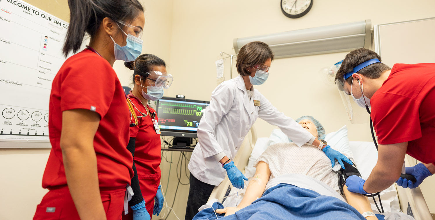 Nursing students working with the simulation model Nursing students working with the simulation model