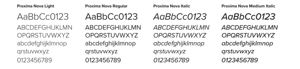 Print body font: Proxima Nova; weights: light, regular, italic, medium italic